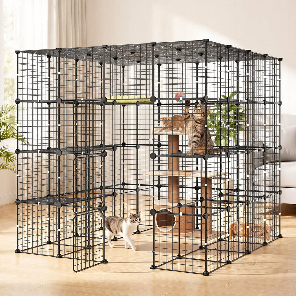 VEVOR Cat Cage 4-Tier 55"x55"x55" Large DIY Cat Playpen Indoor Enclosure, Detachable Metal Wire Kennel Crate with 3 Doors & Locks, Exercise Place Ideal for 2-3 Cats, Kittens and Small Animals, Black