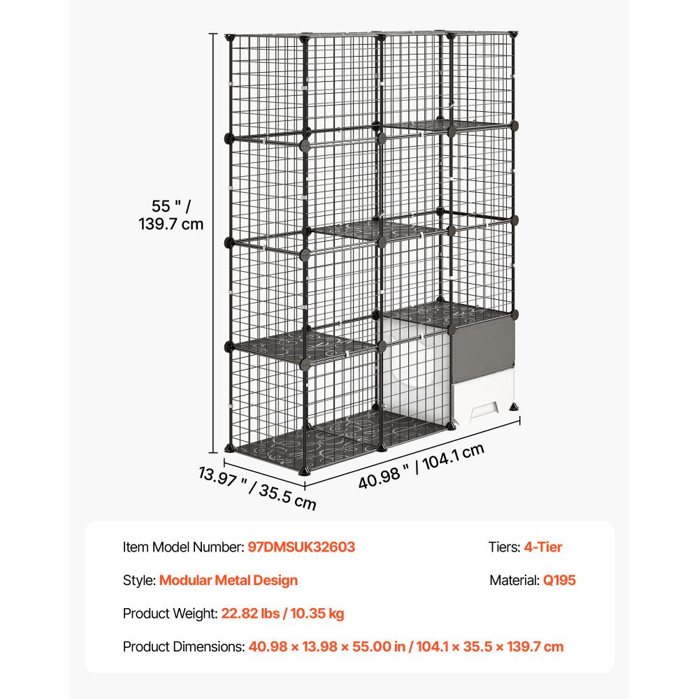 VEVOR Cat Cage 4-Tier 40.98"x13.98"x55" DIY Cat Playpen with Litter Box, Indoor Enclosure Detachable Metal Wire Kennel Crate, Large Exercise Place for 1-2 Cats, Kittens, Ferrets & Small Animals, Black