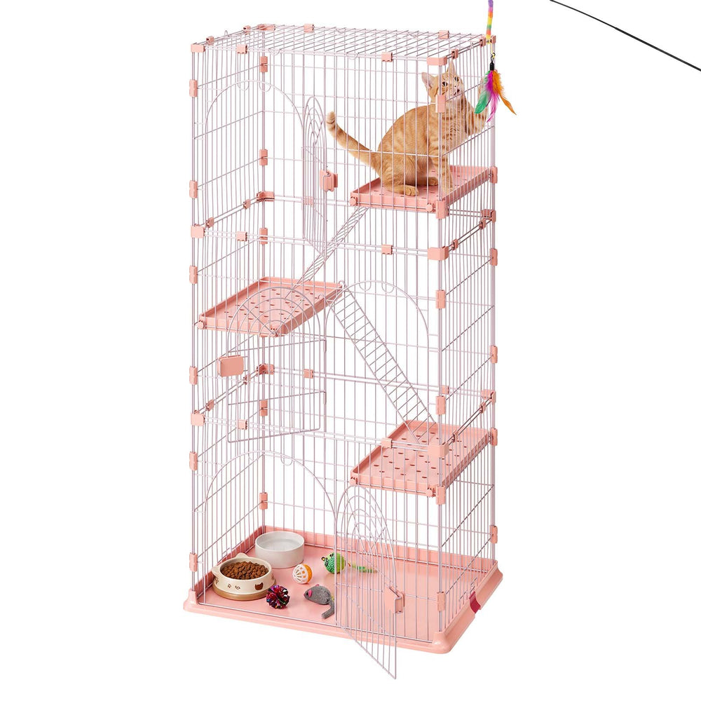 VEVOR Cat Cage 4-Tier 33.07"x23.82"x64.37" DIY Cat Playpen with Ladders, Indoor Enclosure Detachable Metal Wire Kennel Crate, Large Exercise Place for 1-2 Cats, Kittens, Ferrets & Small Animals, Pink