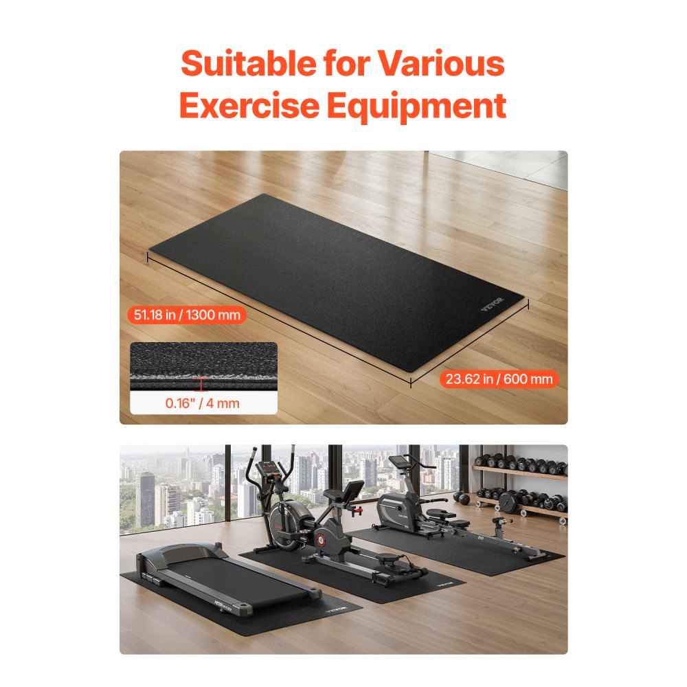 VEVOR Treadmill Mat for Carpet Floor, 23.62" x 51.18" x 0.16" Exercise Equipment Mat for Elliptical and Walking Pad, High Density PVC Floor Protector, Waterproof and Non-slip for Home Gym