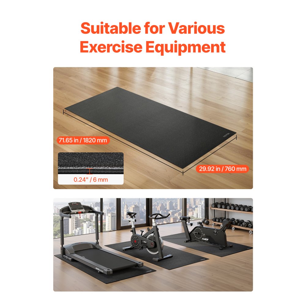 VEVOR Treadmill Mat for Carpet Floor, 1/4" Thick, 30" x 72" Exercise Equipment Mat for Treadmills, Stationary & Recumbent Bikes, High Density PVC Floor Protector, Waterproof and Non-slip for Home Gym
