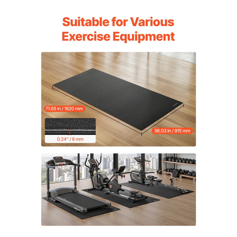 VEVOR Treadmill Mat for Carpet Floor, 1/4" Thick, 36" x 72" Exercise Equipment Mat for Treadmills, Elliptical, Rowing Machine, High Density PVC Floor Protector, Waterproof and Non-slip for Home Gym