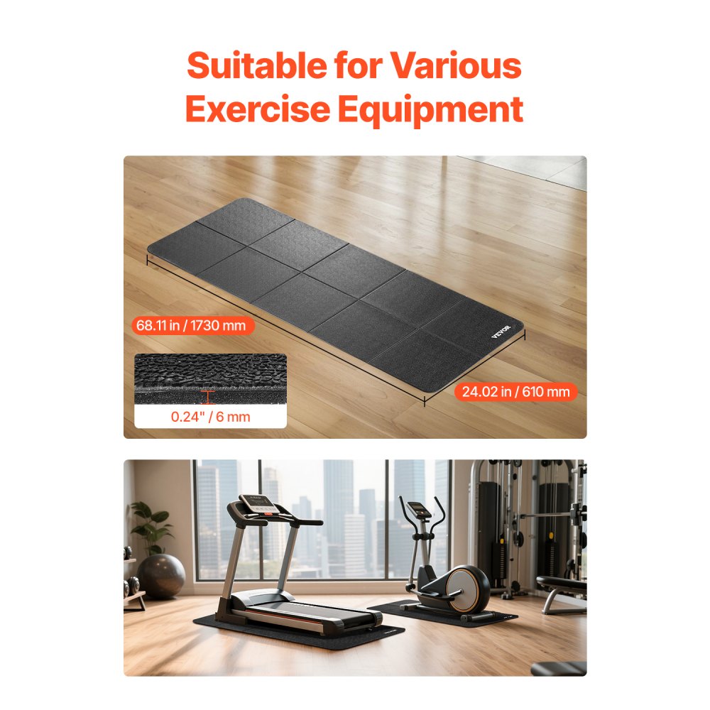 VEVOR Foldable Walking Pad Treadmill Mat, 1/4" Thick, 24" x 68" Exercise Equipment Mat for Elliptical on Carpet Hardwood Floor, High Density PVC Floor Protector, Waterproof and Non-slip for Home Gym
