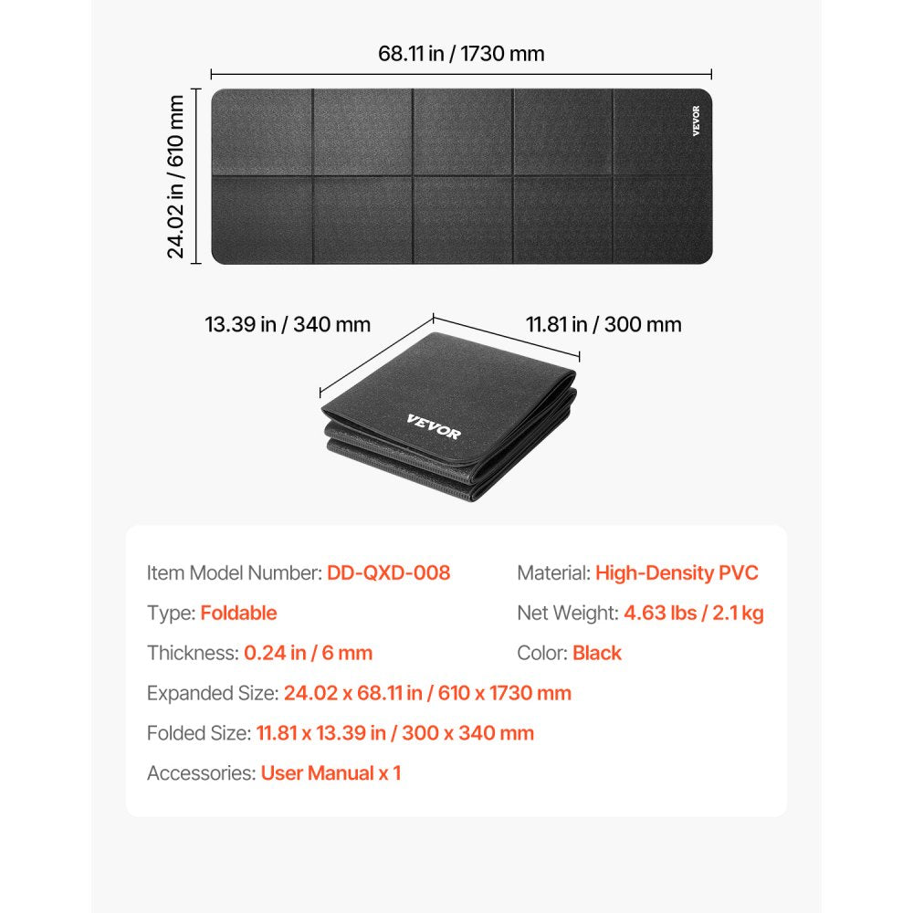 VEVOR Foldable Walking Pad Treadmill Mat, 1/4" Thick, 24" x 68" Exercise Equipment Mat for Elliptical on Carpet Hardwood Floor, High Density PVC Floor Protector, Waterproof and Non-slip for Home Gym