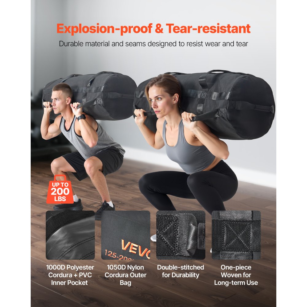 VEVOR Workout Sandbag, Heavy Duty Workout Power Bags with Handles, 125-200 lbs Adjustable Slam Bag for Fitness Strength Weight Training Cross-Training, Home Gym Exercise, Black (Unfilled)