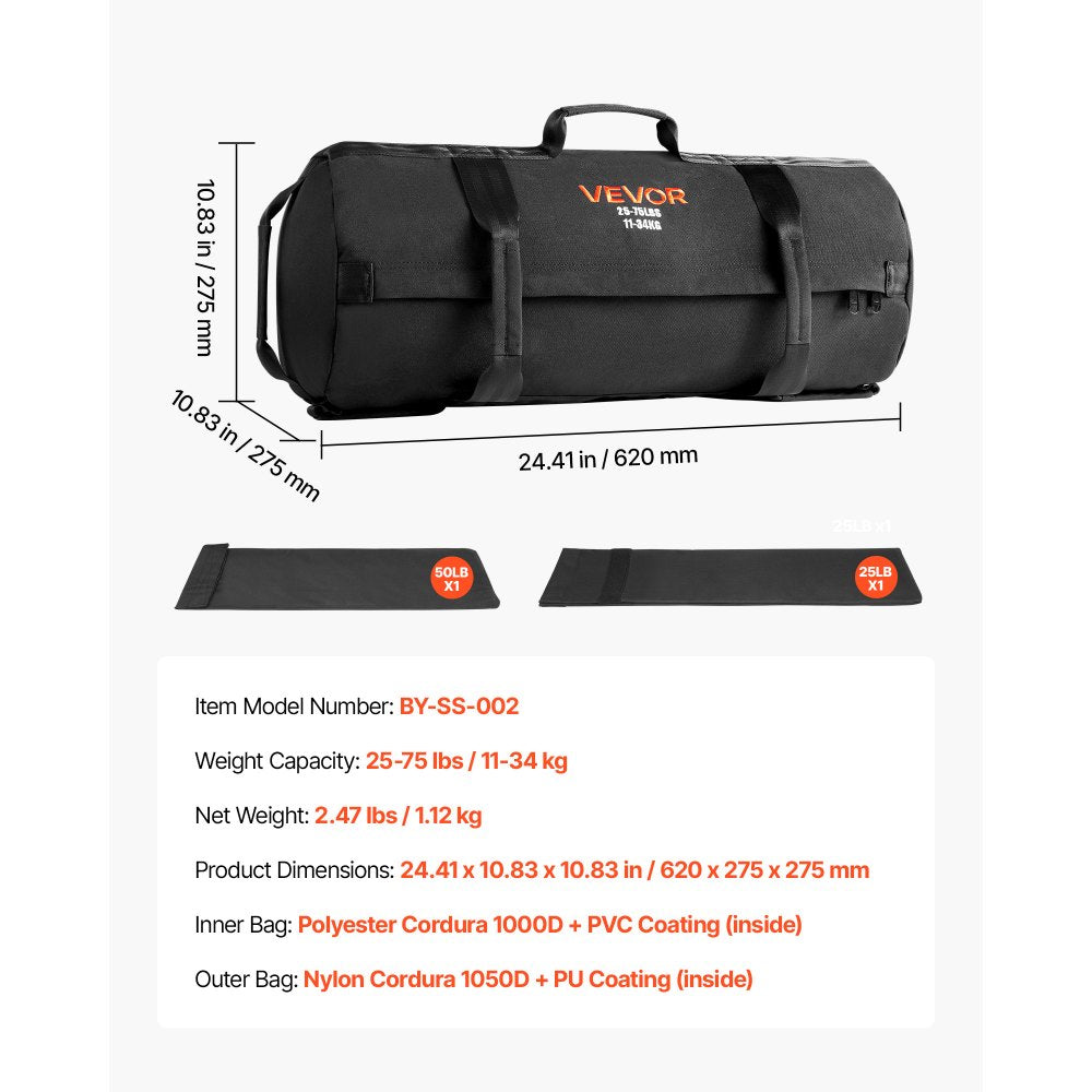 VEVOR Workout Sandbag, Heavy Duty Workout Power Bags with Handles, 25-75 lbs Adjustable Slam Bag for Fitness Strength Weight Training Cross-Training, Home Gym Exercise, Black (Unfilled)