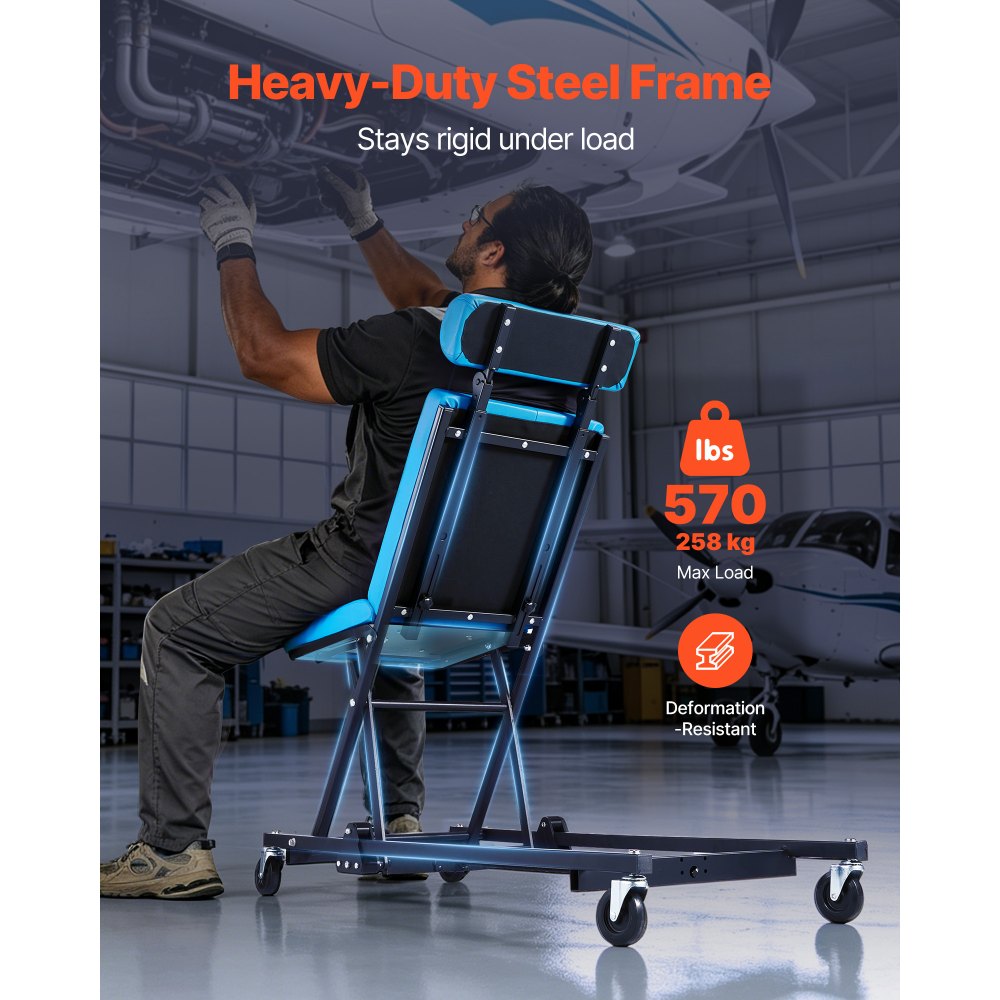 VEVOR 48 in Height Adjustable Mechanic Creeper, 570 lbs Under Car Rolling Garage Creeper Seat with Adjustable Backrest & Headrest, Padded Shop Chair for Auto & Aircraft Repair