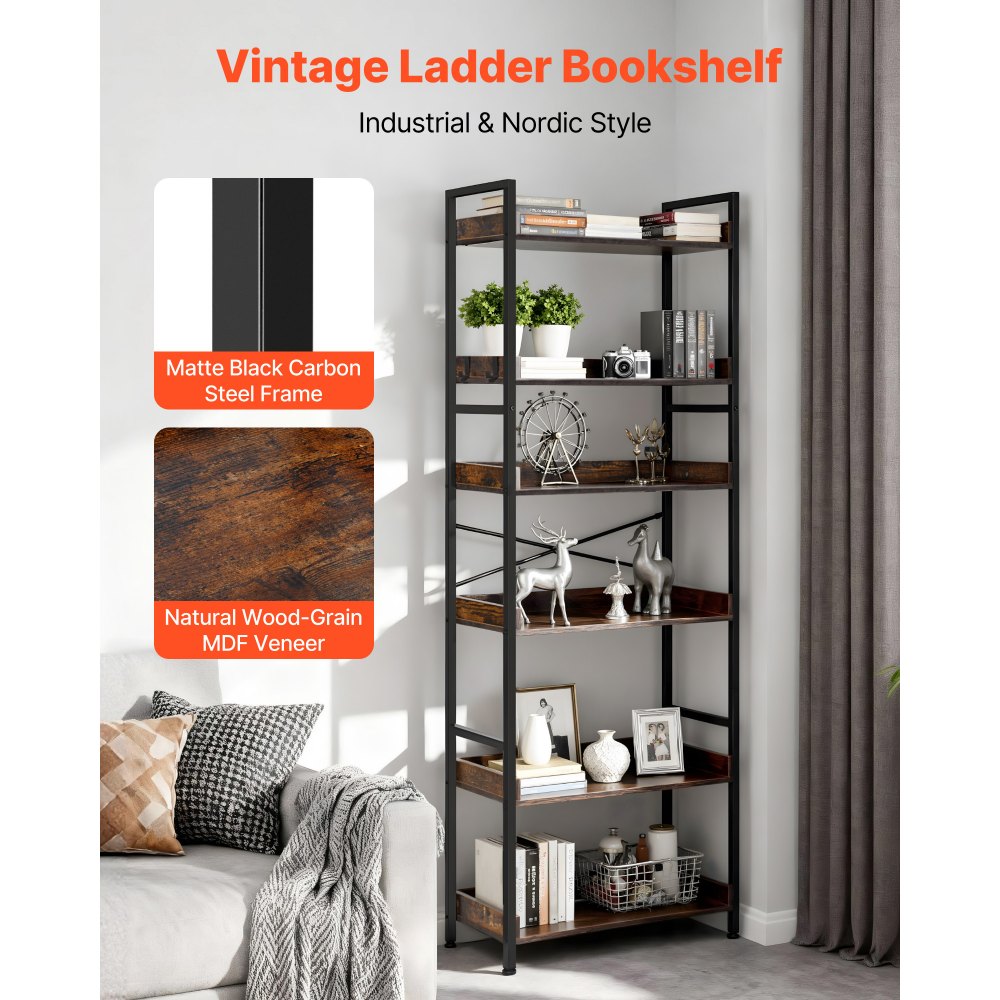 VEVOR Industrial Bookshelf, 6-Tier, Vintage Ladder Shelf Bookshelves and Bookcases, with Metal Frame, Book Organizer with Open Shelves, for Living Room, Bedroom, Kitchen, Home Office, Rustics Brown