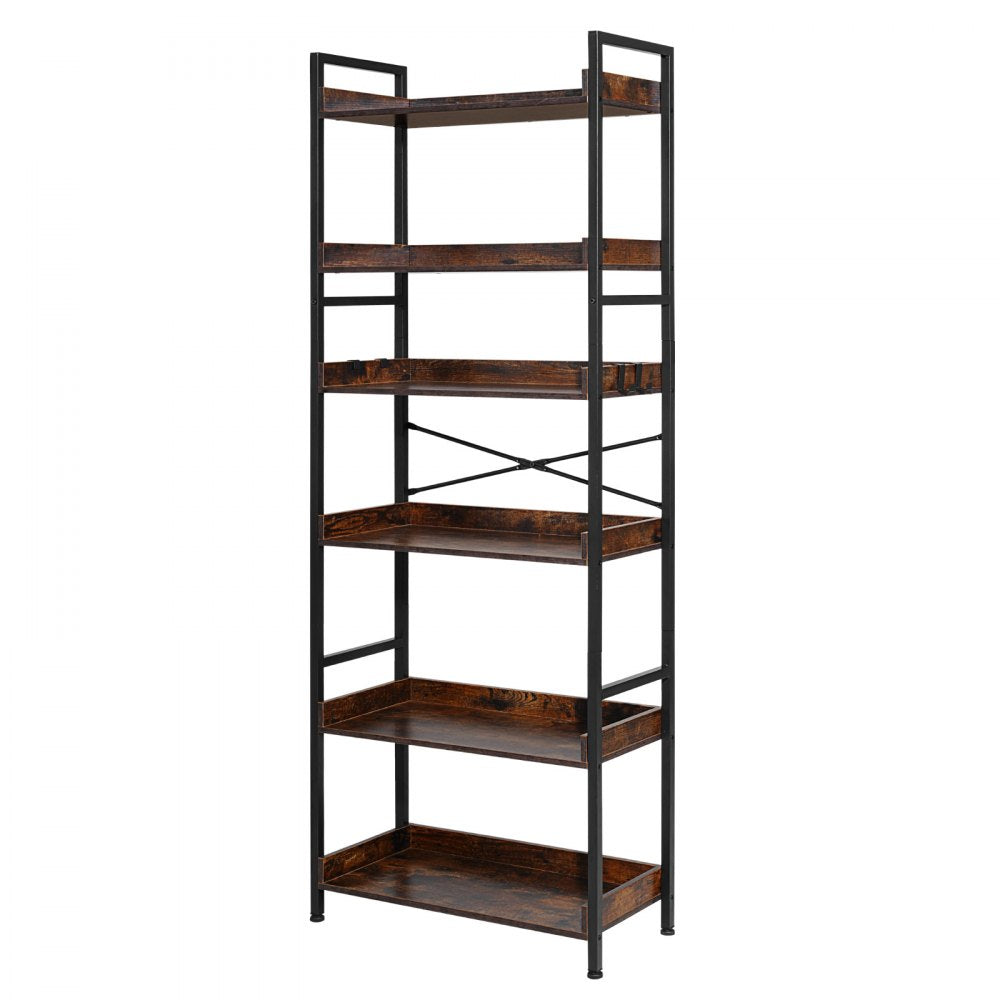 VEVOR Industrial Bookshelf, 6-Tier, Vintage Ladder Shelf Bookshelves and Bookcases, with Metal Frame, Book Organizer with Open Shelves, for Living Room, Bedroom, Kitchen, Home Office, Rustics Brown