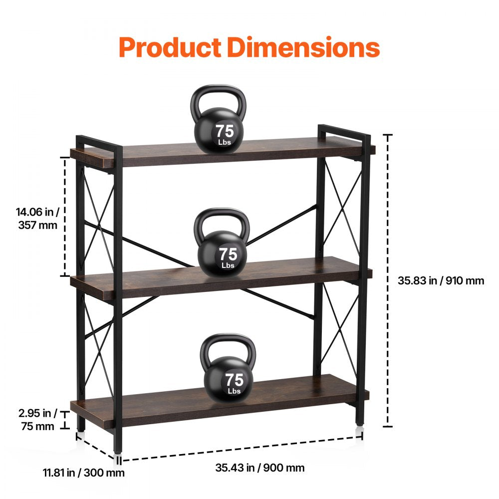 VEVOR Metal Bookshelf, 3-Tier Industrial Bookshelf, Small Rustic Storage Display Bookcase with Open Shelves, Freestanding Display Vintage Shelving Unit Storage Rack, for Living room, Bedroom & Office
