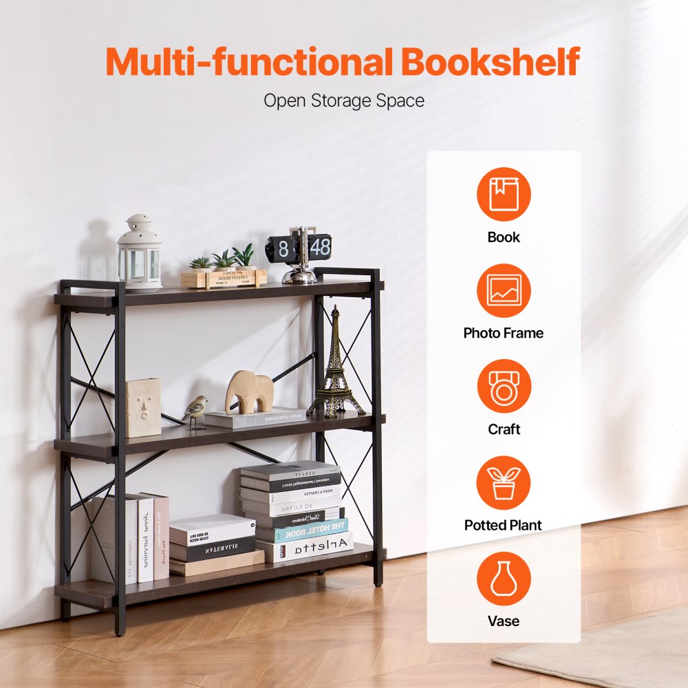 VEVOR Metal Bookshelf, 3-Tier Industrial Bookshelf, Small Rustic Storage Display Bookcase with Open Shelves, Freestanding Display Vintage Shelving Unit Storage Rack, for Living room, Bedroom & Office