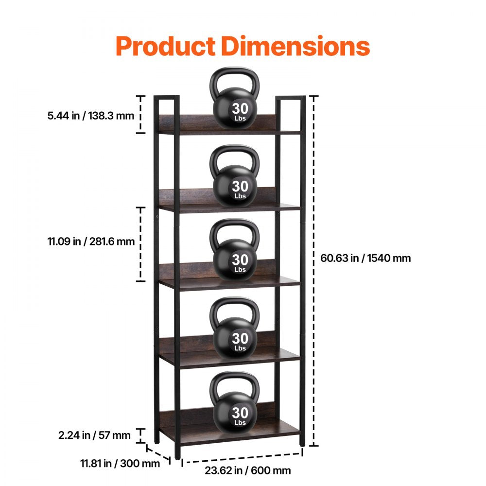 VEVOR Metal Bookshelf, 5-Tier Tall Industrial Bookshelf, Rustic Display Vintage Storage Bookcase with Open Shelves, Freestanding Display Shelving Unit Storage Rack, for Living room, Bedroom & Office