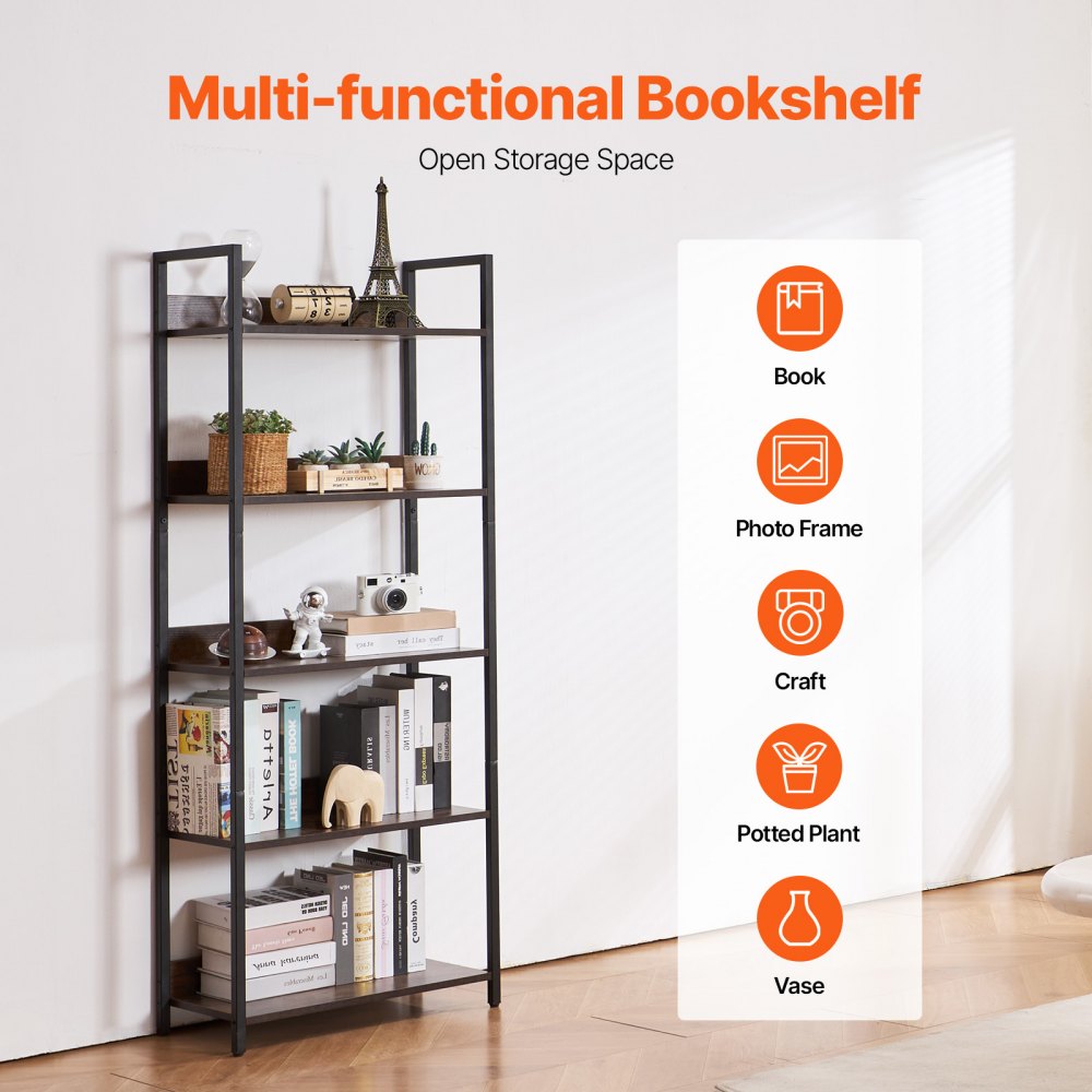 VEVOR Metal Bookshelf, 5-Tier Tall Industrial Bookshelf, Rustic Display Vintage Storage Bookcase with Open Shelves, Freestanding Display Shelving Unit Storage Rack, for Living room, Bedroom & Office
