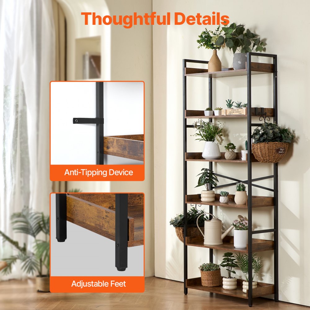 VEVOR Metal Bookshelf, 6-Tier Industrial Bookshelf, Tall Wide Rustic Vintage Storage Bookcase with Open Shelves, Freestanding Display Shelving Unit Storage Rack, for Living room, Bedroom & Office