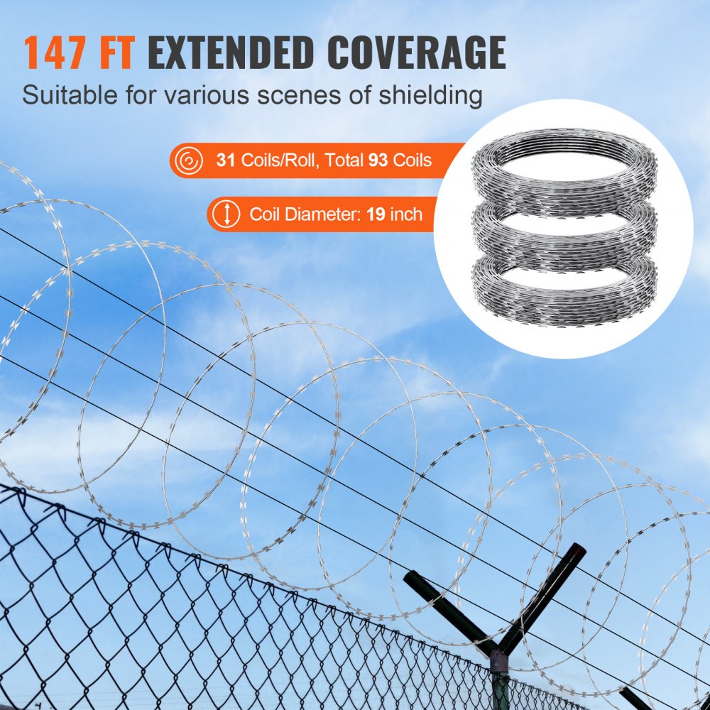 VEVOR Razor Wires, 147 ft Razor Barbed Wire, 3 Rolls Razor Wire Fencing Razor Fence, Razor Ribbon Barbed Wire Galvanized Razor Wire Fence, Rolls Razor for Garden