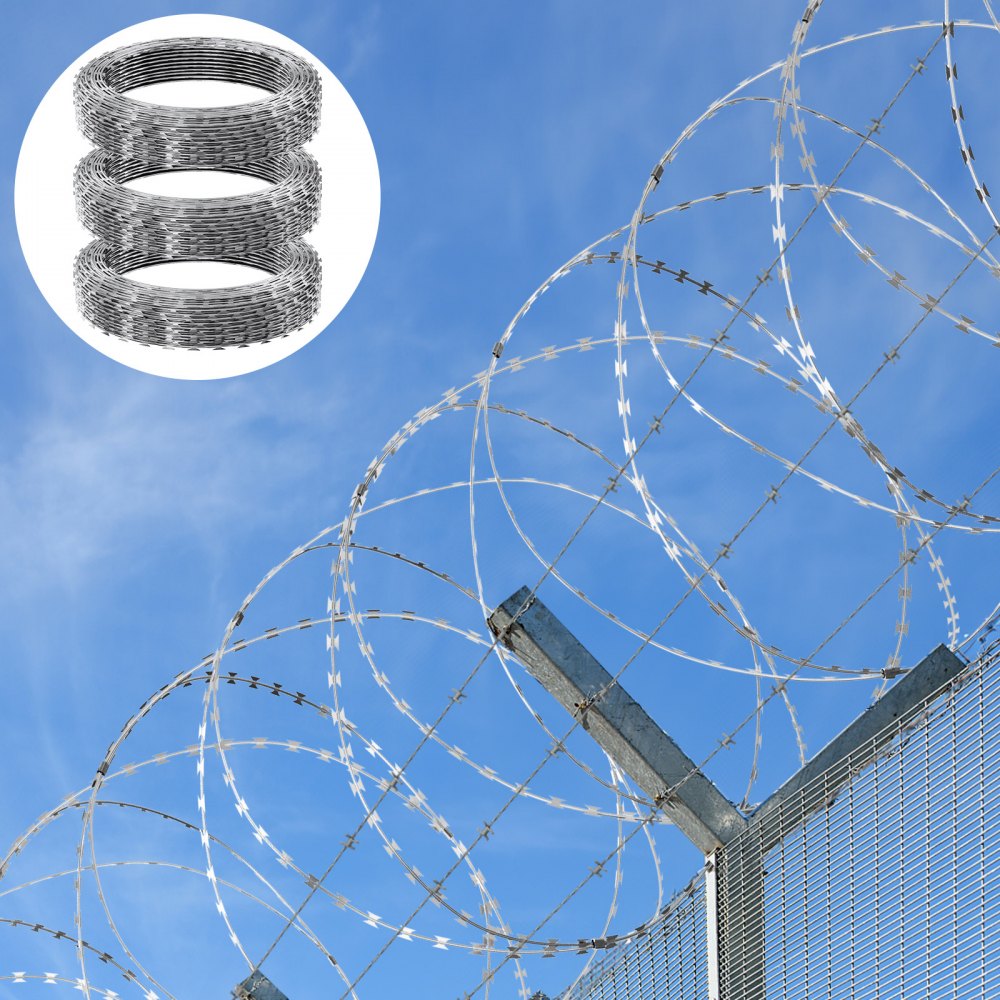 VEVOR Razor Wires, 147 ft Razor Barbed Wire, 3 Rolls Razor Wire Fencing Razor Fence, Double Spiral Razor Ribbon Barbed Wire Galvanized Razor Wire Fence, Rolls Razor for Garden