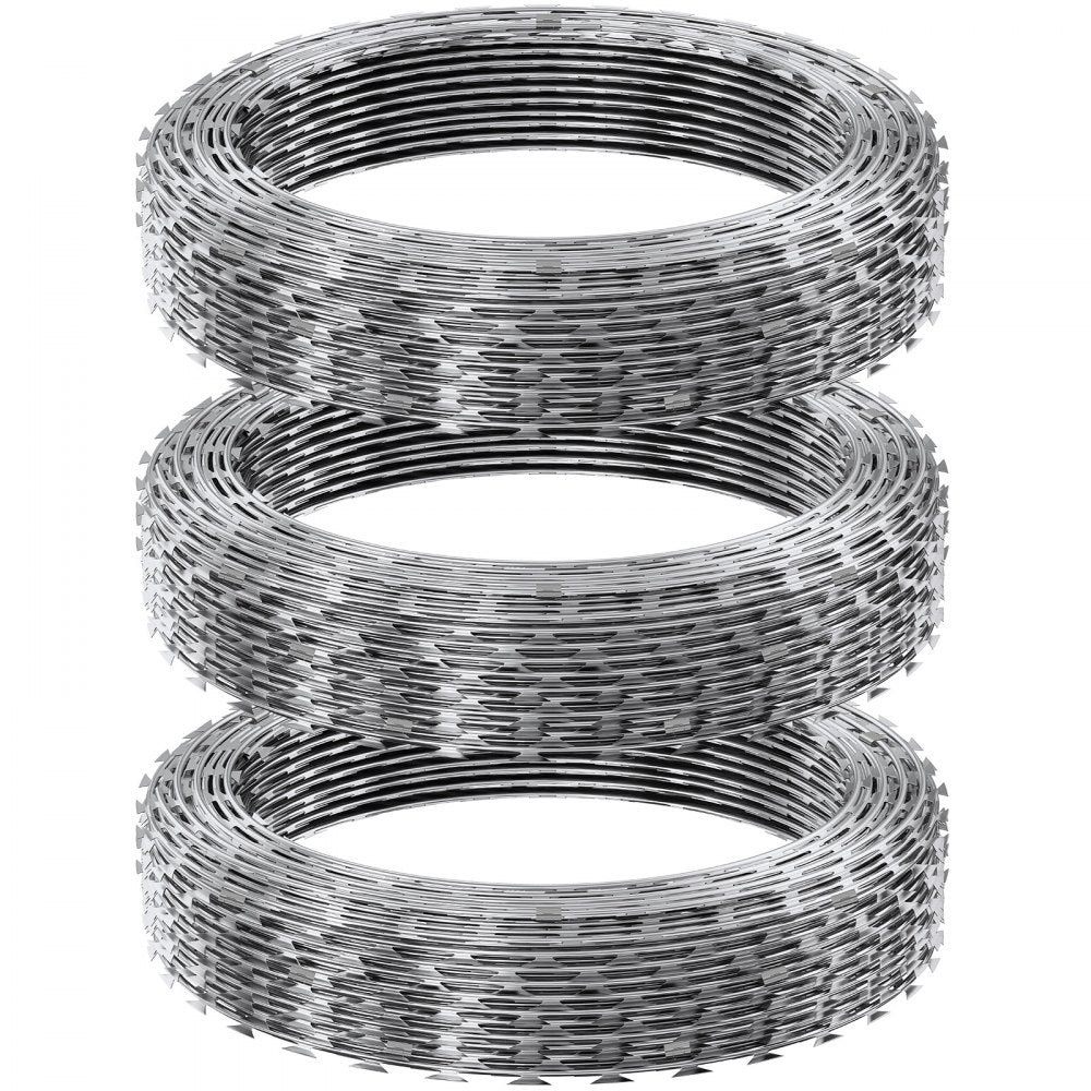 VEVOR Razor Wires, 147 ft Razor Barbed Wire, 3 Rolls Razor Wire Fencing Razor Fence, Double Spiral Razor Ribbon Barbed Wire Galvanized Razor Wire Fence, Rolls Razor for Garden