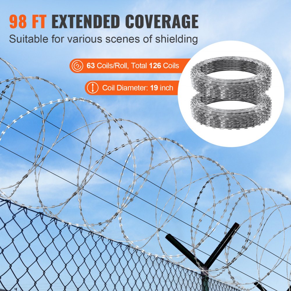 VEVOR Razor Wires, 98 ft Razor Barbed Wire, 2 Rolls Razor Wire Fencing Razor Fence, Double Spiral Razor Ribbon Barbed Wire Galvanized Razor Wire Fence, Rolls Razor for Garden