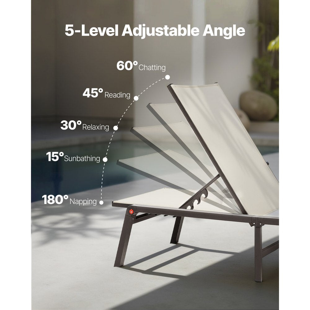 VEVOR Outdoor Chaise Lounge Chair, 400 lbs Weight Capacity, Foldable Sun Tanning Chair, 5 Adjustable Positions, Easy Assembly, Heavy Duty Aluminum Pool Recliner Lounge Chairs, for Beach Yard Patio