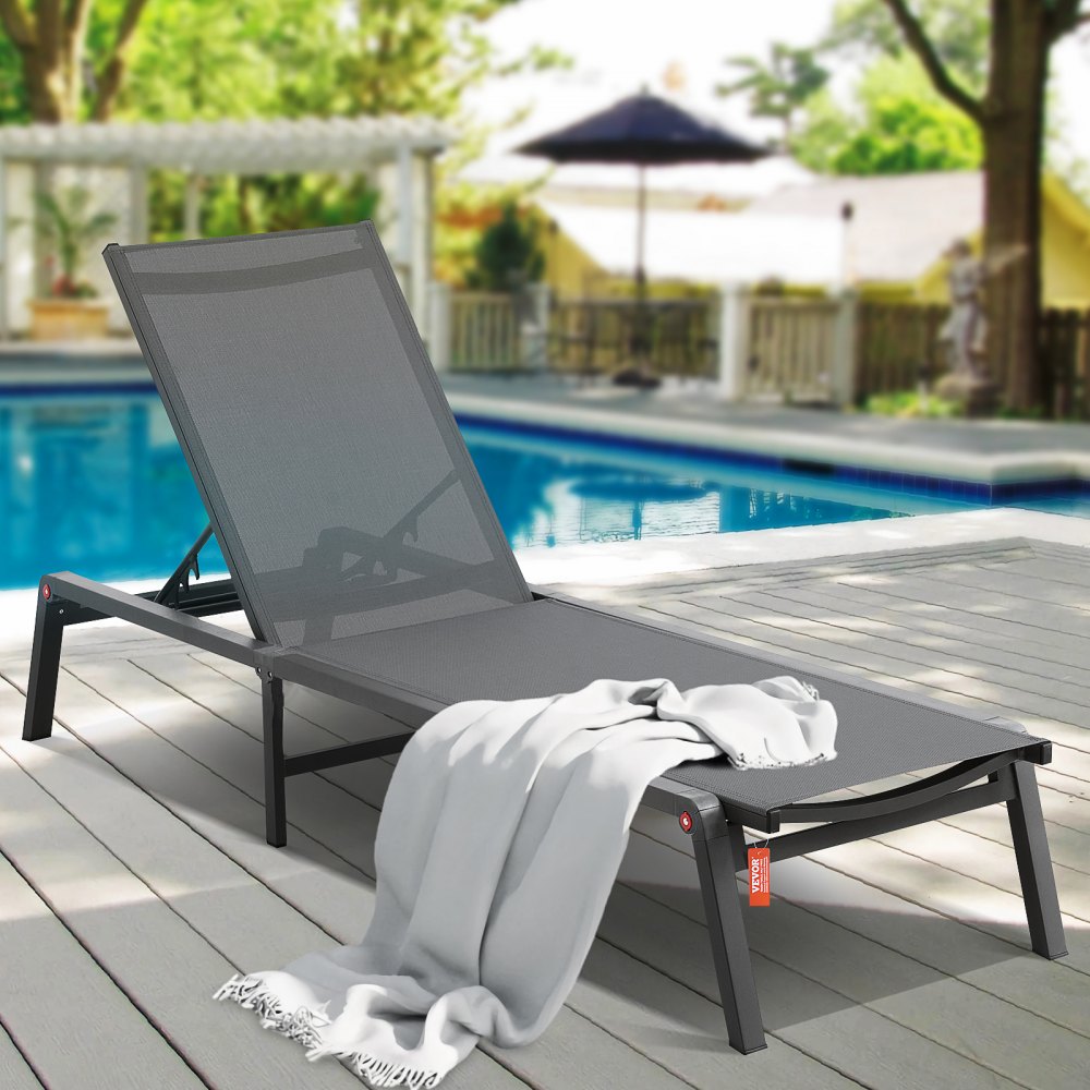 VEVOR Chaise Lounge Chair Outdoor, Aluminum Patio Lounge Chair with Adjustable 5-Position, Folding Pool Lounge Chair Recliner and Full Flat Tanning Chair for Patio, Beach, Pool, Dark Grey