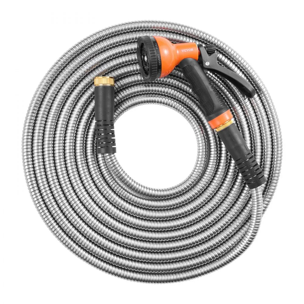 VEVOR Metal Garden Hose 100 ft, Rust Proof Stainless Steel Water Hose, Heavy Duty Backyard Hose with 10 Function Nozzle, No-Kink & Flexible Water Pipe, Lightweight Metal Hose for Yard, Outdoor