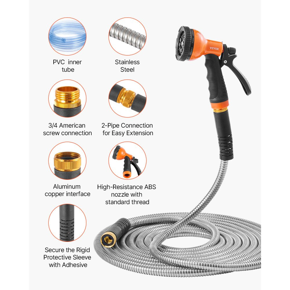 VEVOR Metal Garden Hose 150 ft, Rust Proof Stainless Steel Water Hose, Heavy Duty Backyard Hose with 10 Function Nozzle, No-Kink & Flexible Water Pipe, Lightweight Metal Hose for Yard, Outdoor