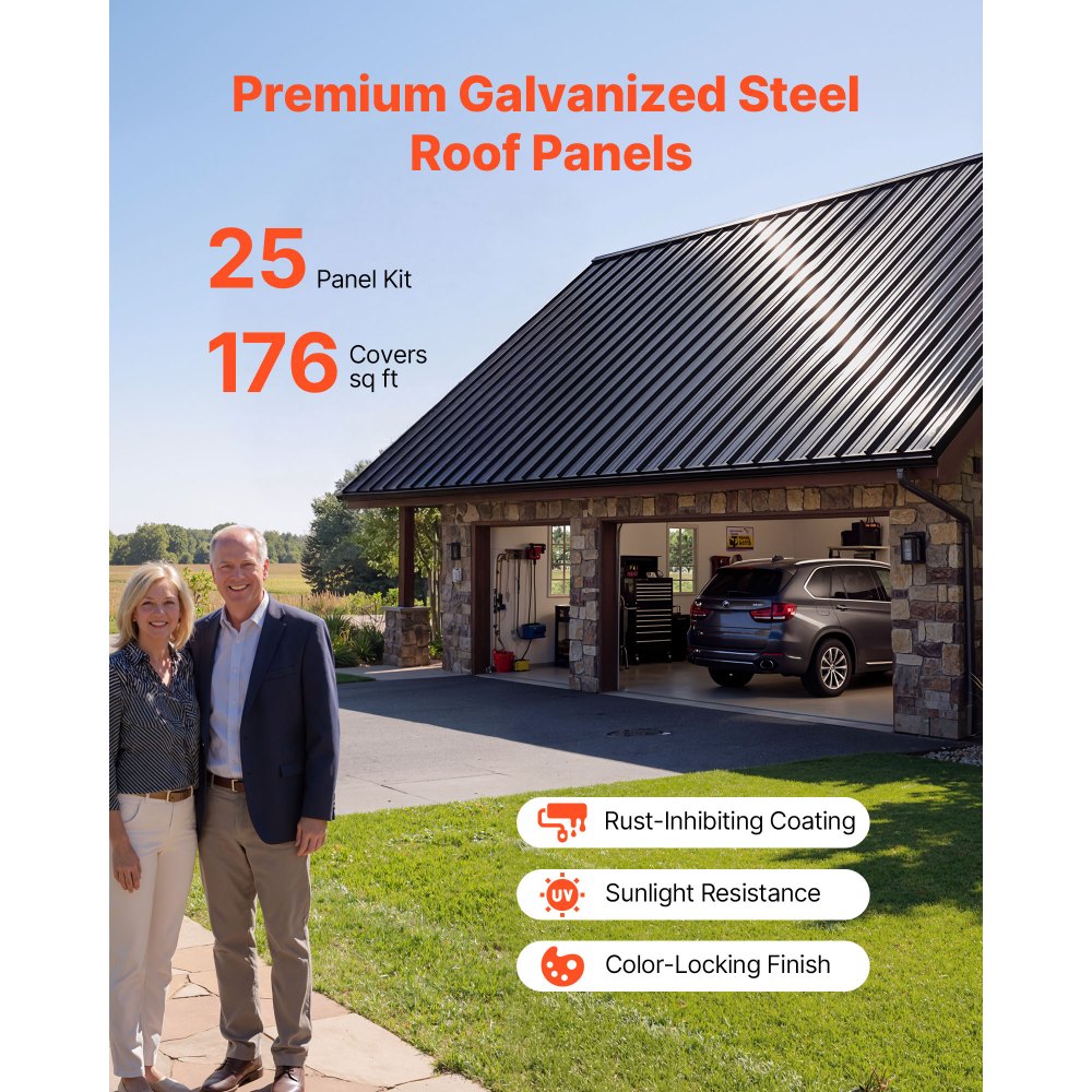 VEVOR Metal Roof Panels, 25Pcs 176 sq.ft. Galvanized Steel Roofing Panels, High Impact Corrugated Tin Gazebo Top with Screws, Gloves, Heavy Duty for Gazebos, Chicken Coop Sheds Stables Patio, Black