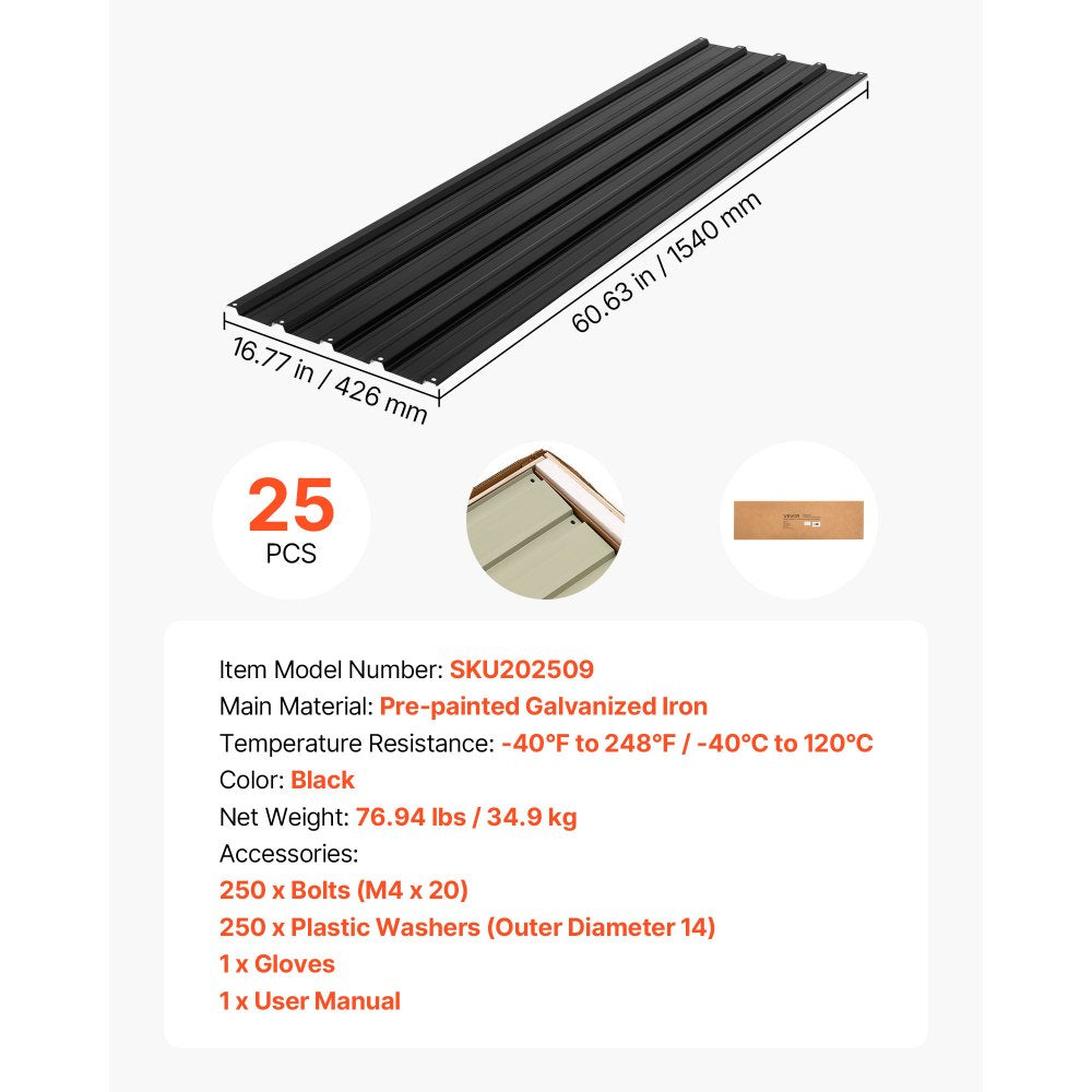 VEVOR Metal Roof Panels, 25Pcs 176 sq.ft. Galvanized Steel Roofing Panels, High Impact Corrugated Tin Gazebo Top with Screws, Gloves, Heavy Duty for Gazebos, Chicken Coop Sheds Stables Patio, Black