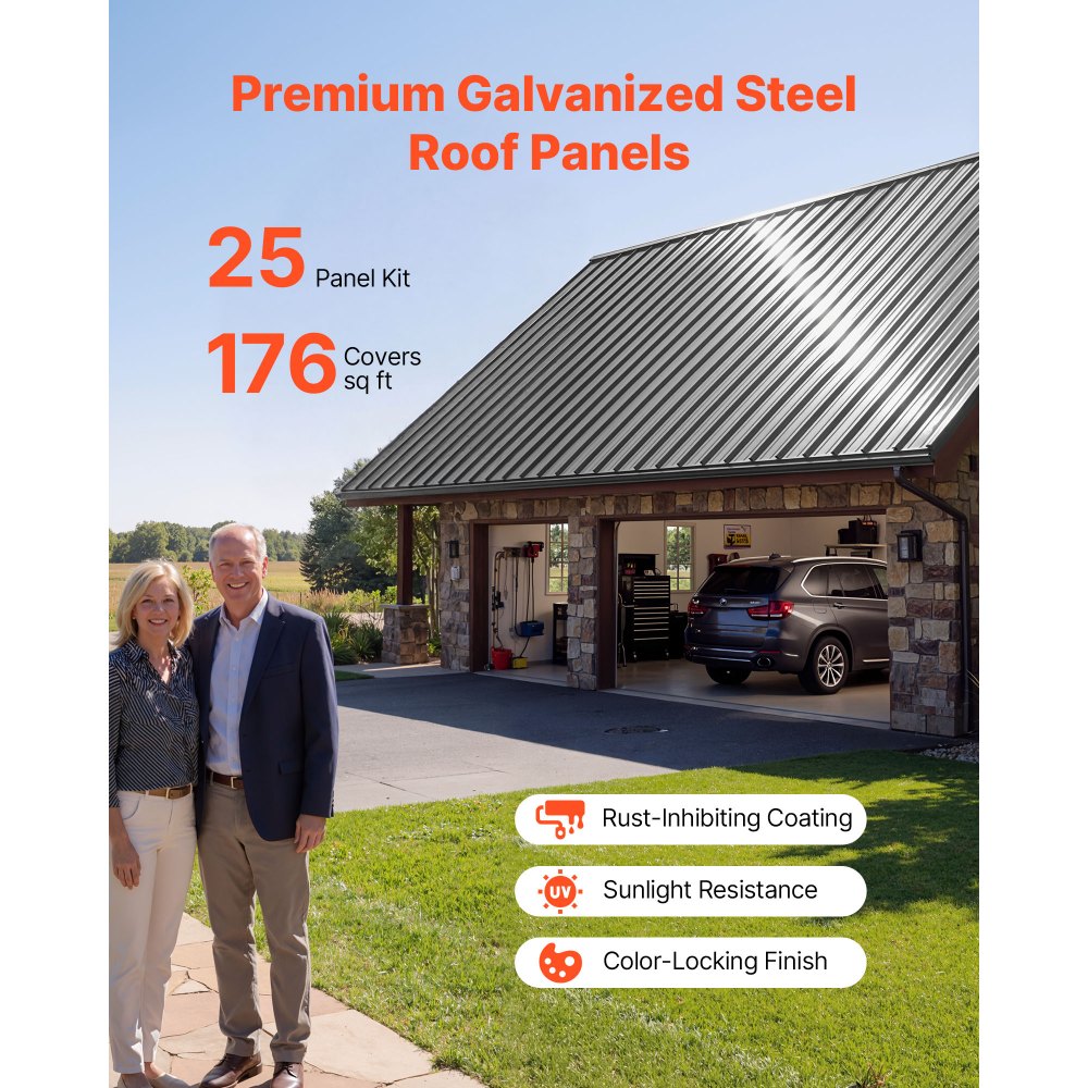 VEVOR Metal Roof Panels, 25Pcs 176 sq.ft. Galvanized Steel Roofing Panels, High Impact Corrugated Tin Gazebo Top with Screws, Gloves, Heavy Duty for Gazebos, Chicken Coop Sheds Stables Patio, Gray
