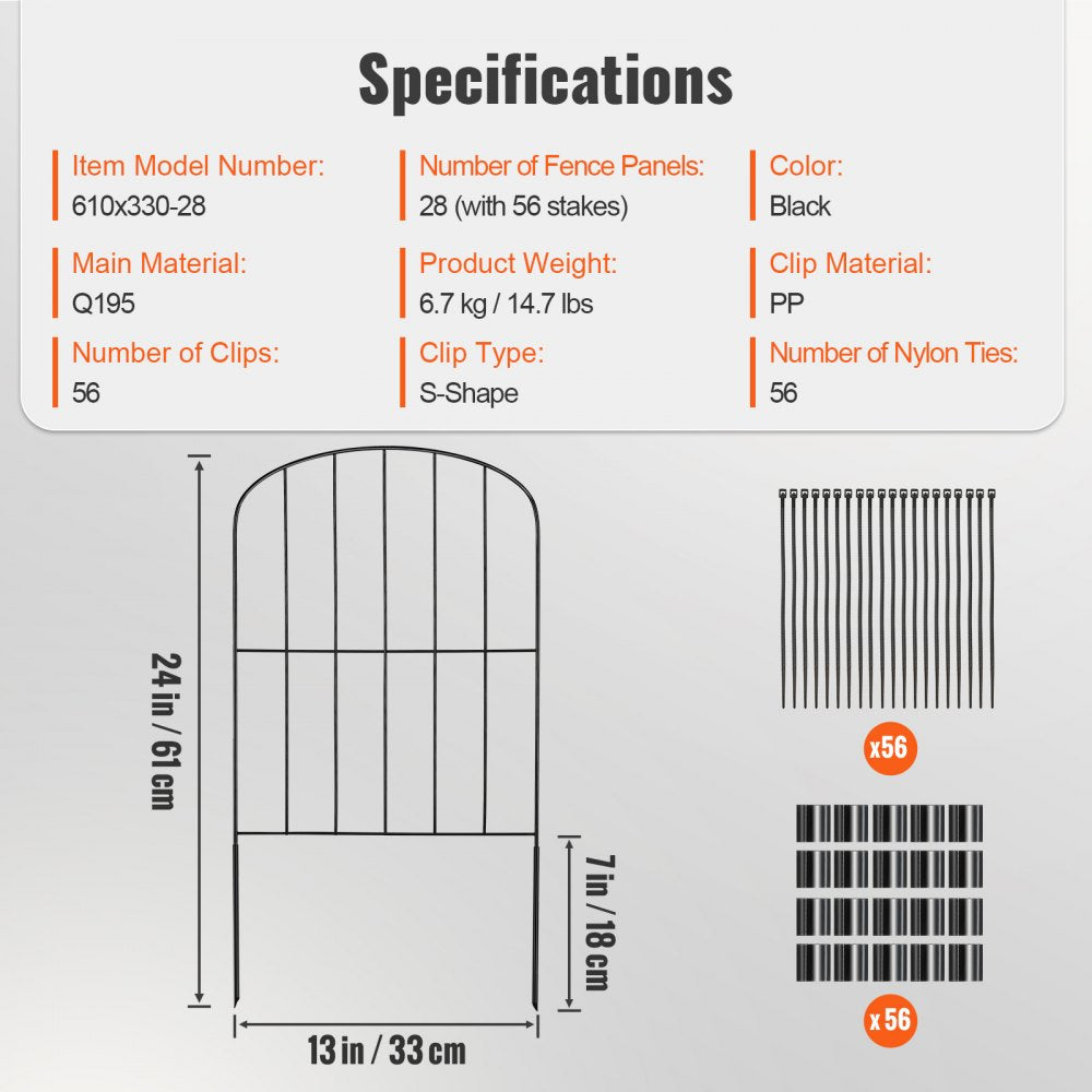 VEVOR Garden Fence, 24in(H) x30ft(L) Animal Barrier Fence, Underground Decorative Garden Fencing with 2 Inch Spike Spacing, Metal Dog Fence for the Yard and Outdoor Patio, 28 Pack