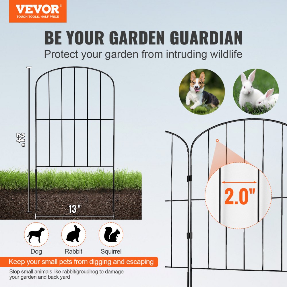 VEVOR Garden Fence, 24in(H) x11ft(L) Animal Barrier Fence, Underground Decorative Garden Fencing with 2 Inch Spike Spacing, Metal Dog Fence for the Yard and Outdoor Patio, 10 Pack