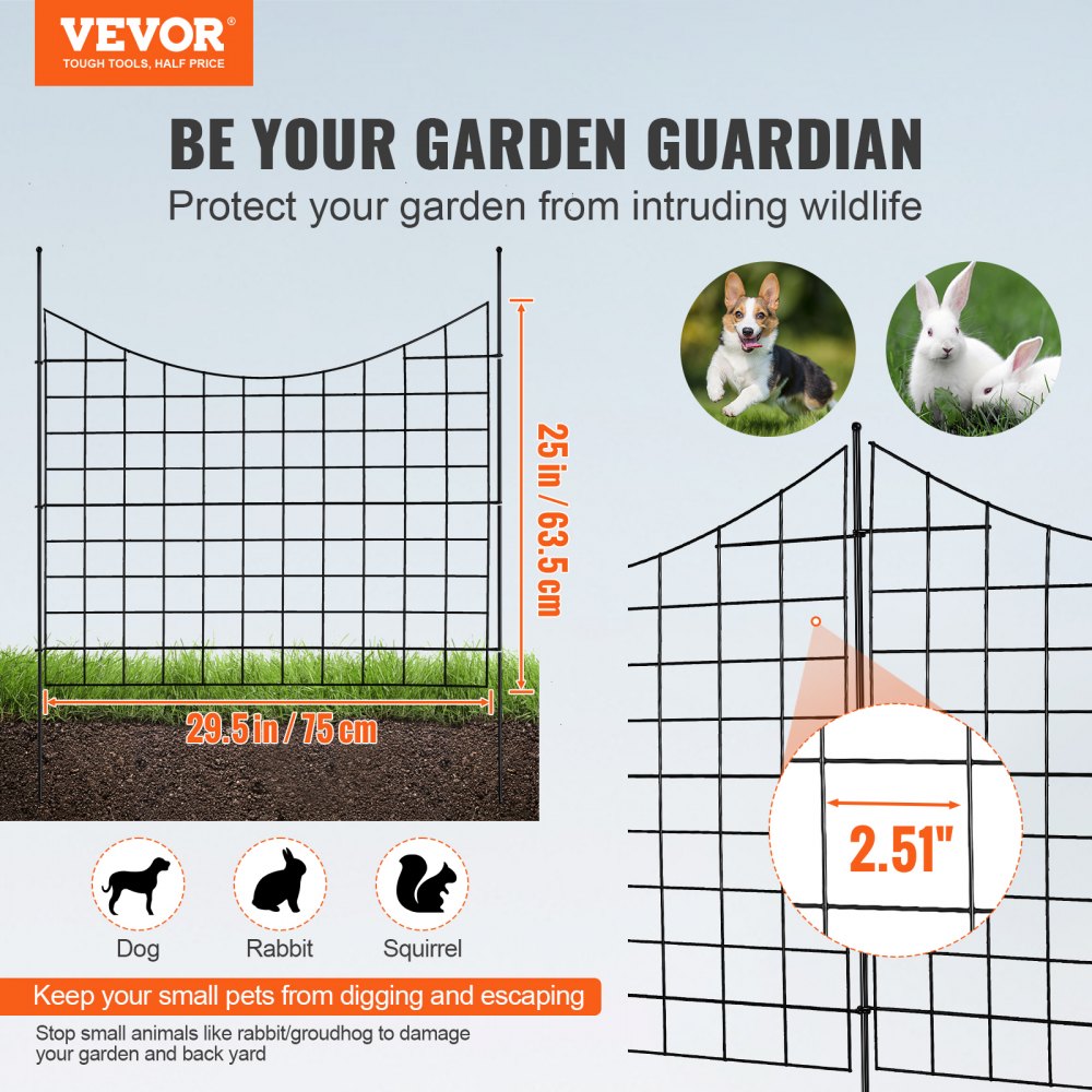 VEVOR Garden Fence, 36.6in(H) x29.5in(L) Animal Barrier Fence, Underground Decorative Garden Fencing with 2.5 Inch Spike Spacing, Metal Dog Fence for the Yard and Outdoor Patio, 5 Pack