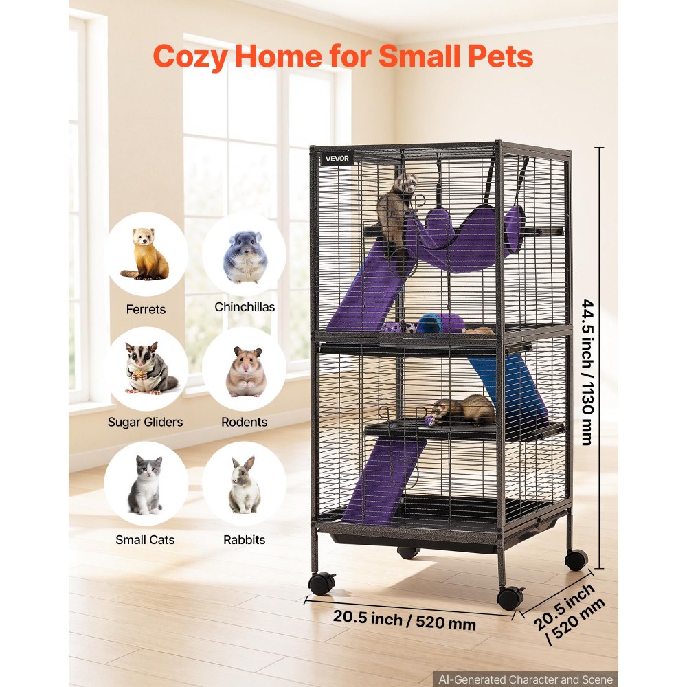 VEVOR Metal Small Animal Cage 44.5"H 4-Tier Rolling Ferret Cage On Wheels, 0.55" Wire Spacing Large Cages with Hammock, Ramps, Tray & Doors for Ferret, Chinchilla, Sugar Glider, Guinea Pig & Rabbit
