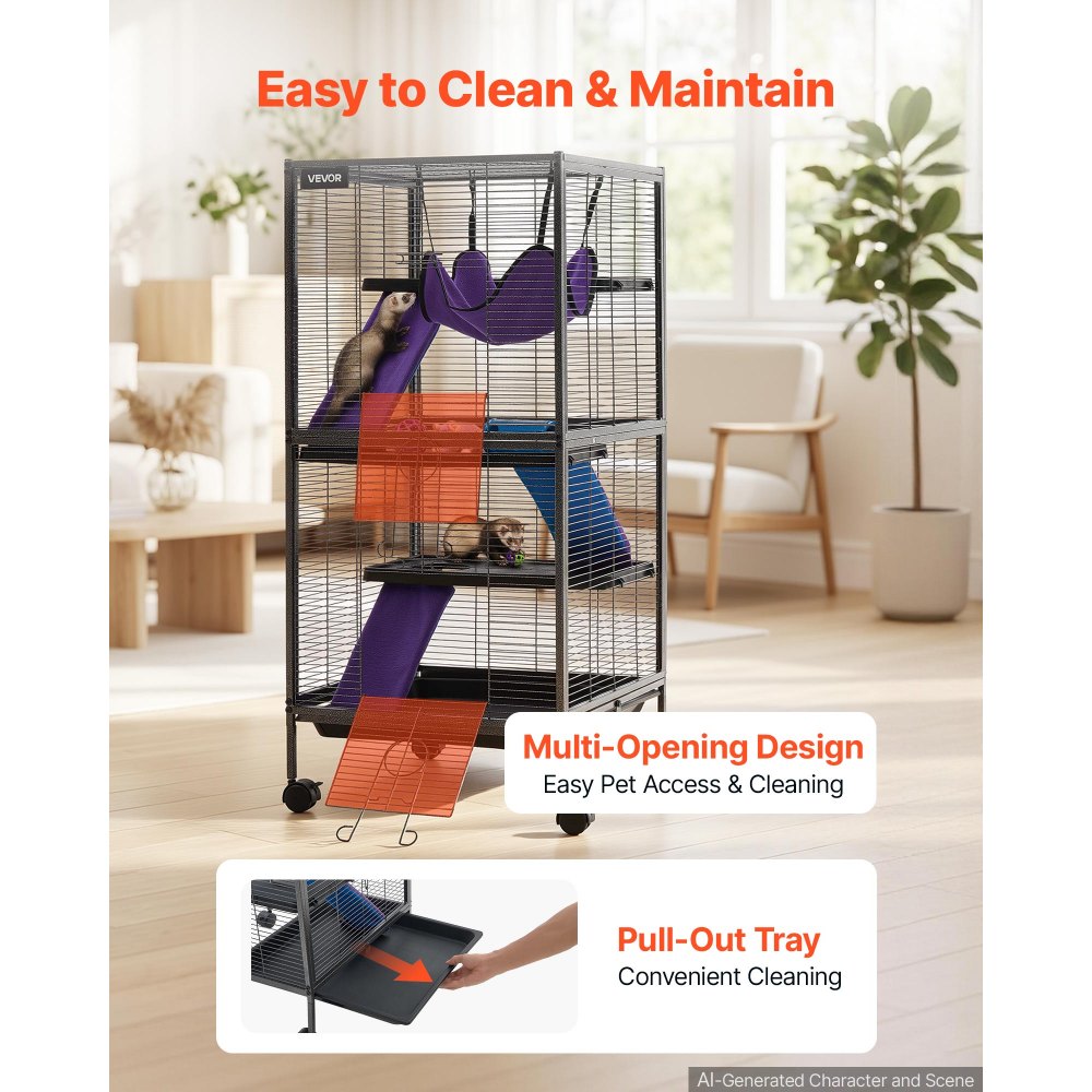 VEVOR Metal Small Animal Cage 44.5"H 4-Tier Rolling Ferret Cage On Wheels, 0.55" Wire Spacing Large Cages with Hammock, Ramps, Tray & Doors for Ferret, Chinchilla, Sugar Glider, Guinea Pig & Rabbit