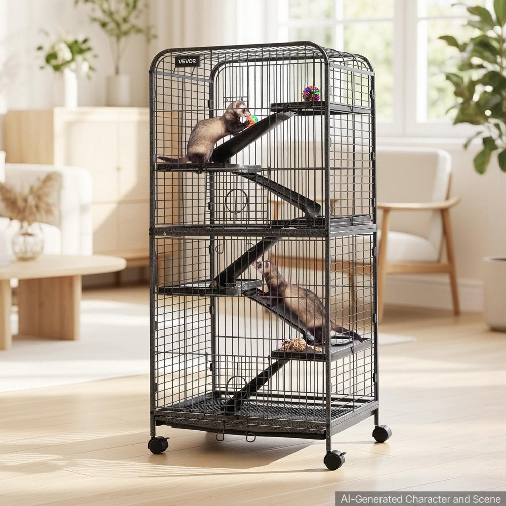 VEVOR Metal Small Animal Cage 52.4"H 6-Tier Rolling Ferret Cage On Wheels, 1" Wire Spacing Large Cages with Ramps, Platform, Tray & Doors for Ferrets, Chinchillas, Sugar Gliders, Small Cats & Rabbits