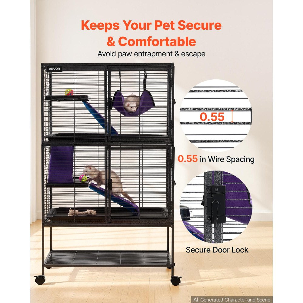 VEVOR Metal Small Animal Cage 51.2"H 4-Tier Rolling Ferret Cage On Wheels, 0.55" Wire Spacing Large Cages with Hammock, Ramps, Tray & Doors for Ferret, Chinchilla, Sugar Glider, Guinea Pig & Rabbit