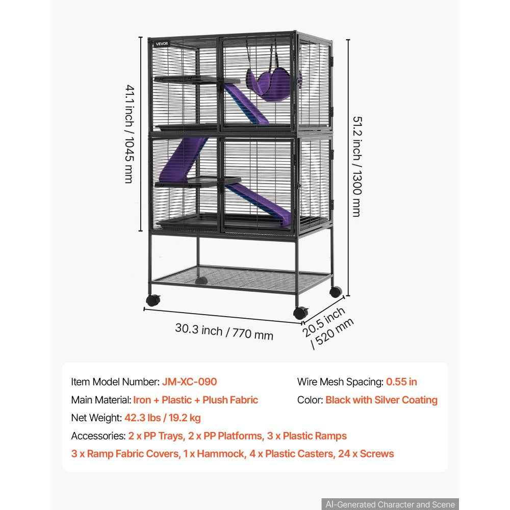 VEVOR Metal Small Animal Cage 51.2"H 4-Tier Rolling Ferret Cage On Wheels, 0.55" Wire Spacing Large Cages with Hammock, Ramps, Tray & Doors for Ferret, Chinchilla, Sugar Glider, Guinea Pig & Rabbit