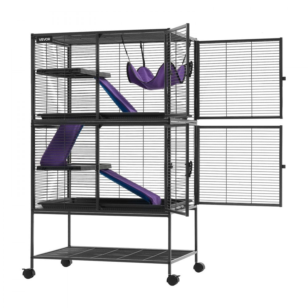VEVOR Metal Small Animal Cage 51.2"H 4-Tier Rolling Ferret Cage On Wheels, 0.55" Wire Spacing Large Cages with Hammock, Ramps, Tray & Doors for Ferret, Chinchilla, Sugar Glider, Guinea Pig & Rabbit