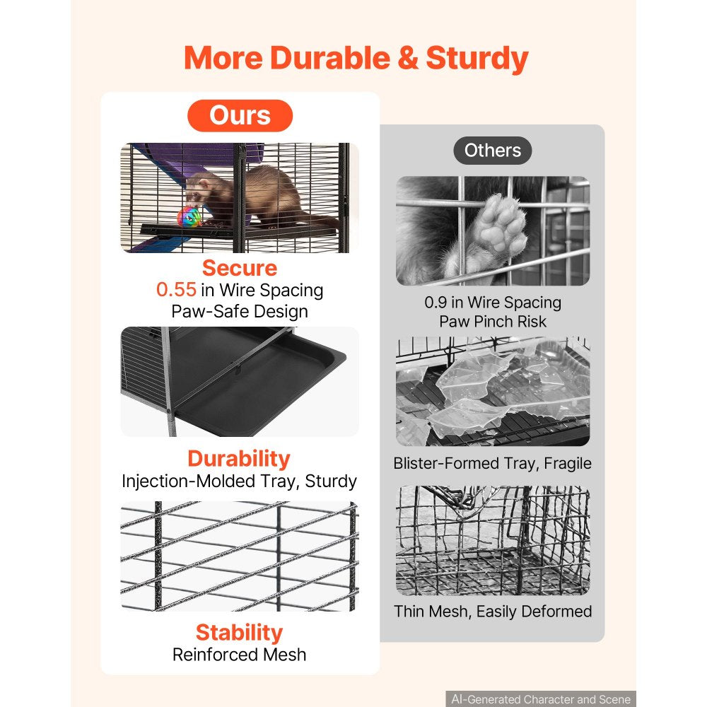 VEVOR Metal Small Animal Cage 50"H 5-Tier Rolling Ferret Cage On Wheels, 0.55" Wire Spacing Large Cages with Hammock, Ramps, Tray & Doors for Ferret, Chinchilla, Sugar Glider, Guinea Pig & Rabbit
