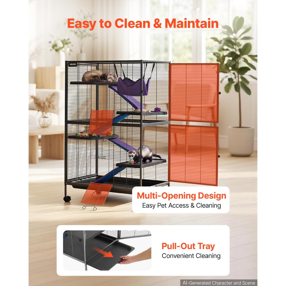 VEVOR Metal Small Animal Cage 50"H 5-Tier Rolling Ferret Cage On Wheels, 0.55" Wire Spacing Large Cages with Hammock, Ramps, Tray & Doors for Ferret, Chinchilla, Sugar Glider, Guinea Pig & Rabbit