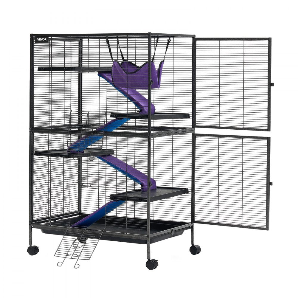 VEVOR Metal Small Animal Cage 50"H 5-Tier Rolling Ferret Cage On Wheels, 0.55" Wire Spacing Large Cages with Hammock, Ramps, Tray & Doors for Ferret, Chinchilla, Sugar Glider, Guinea Pig & Rabbit