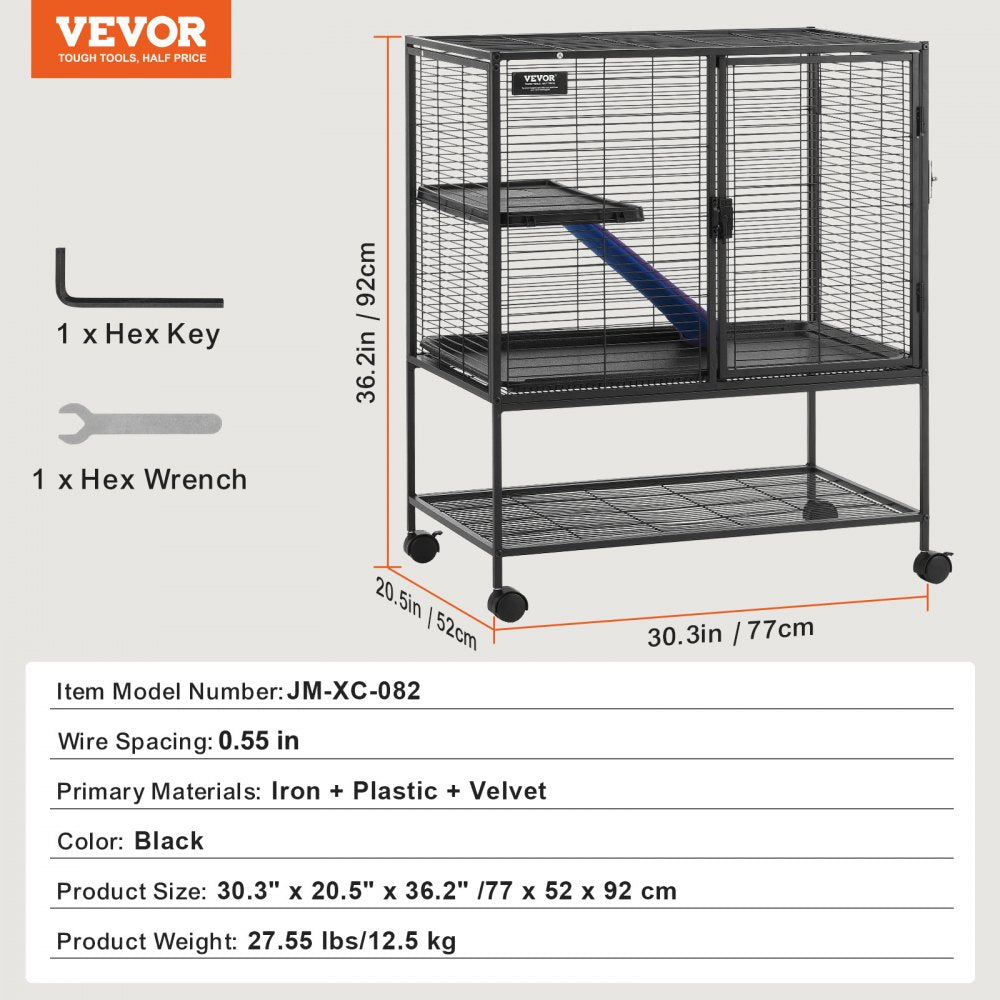 VEVOR 36" Rolling Metal Ferret Cage, Large 2-Tier Cage, Small Animal Cage with Ramps & Tray, Easy to Set up for Pet Rats, Hamster, Guinea Pig, Chinchilla, Squirrel, Hedgehogs, Bunny