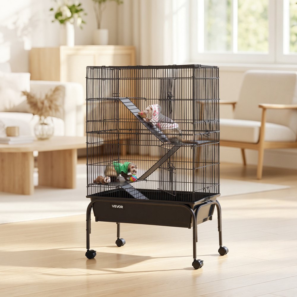VEVOR Metal Small Animal Cage 39.8"H 3-Tier Rolling Ferret Cage On Wheels, 0.55" Wire Spacing Large Cages with Hammock, Ramps, Tray & Doors for Ferret, Chinchilla, Sugar Glider, Guinea Pig & Rabbit