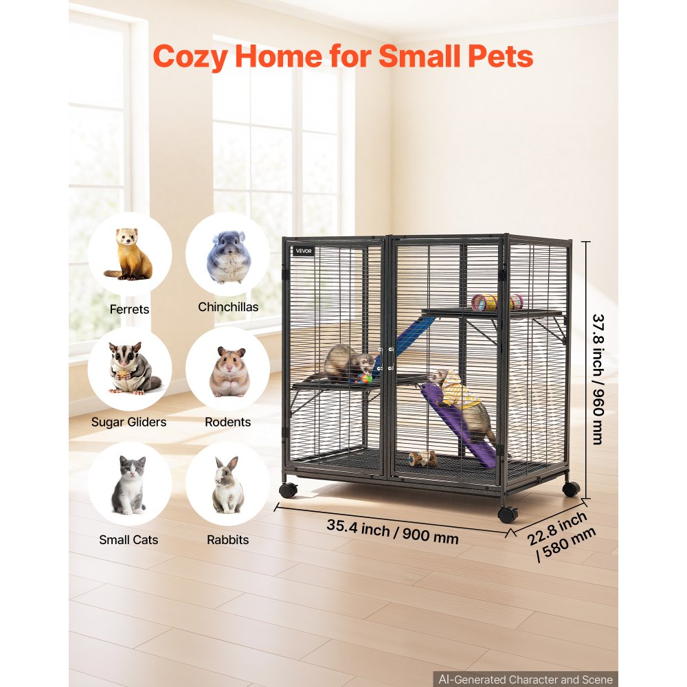 VEVOR Metal Small Animal Cage 37.8"H 3-Tier Rolling Ferret Cage On Wheels, 0.55" Wire Spacing Large Cages with Ramps, Platform, Tray & Doors for Ferret, Chinchilla, Sugar Glider, Guinea Pig & Rabbit