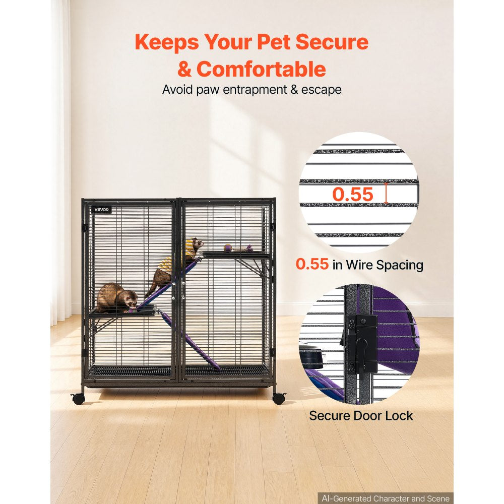 VEVOR Metal Small Animal Cage 37.8"H 3-Tier Rolling Ferret Cage On Wheels, 0.55" Wire Spacing Large Cages with Ramps, Platform, Tray & Doors for Ferret, Chinchilla, Sugar Glider, Guinea Pig & Rabbit