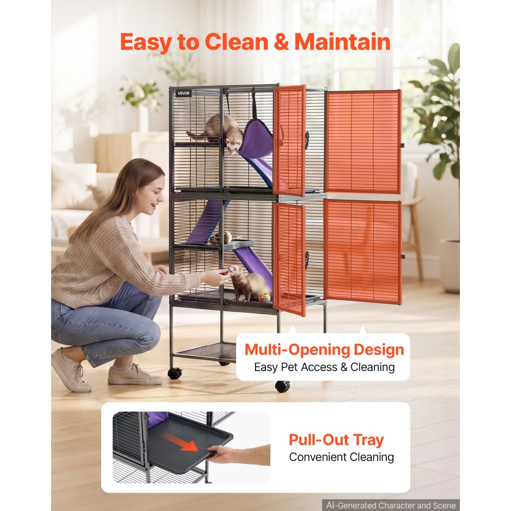VEVOR Metal Small Animal Cage 54.3"H 4-Tier Rolling Ferret Cage On Wheels, 0.55" Wire Spacing Large Cages with Hammock, Ramps, Tray & Doors for Ferret, Chinchilla, Sugar Glider, Guinea Pig & Rabbit