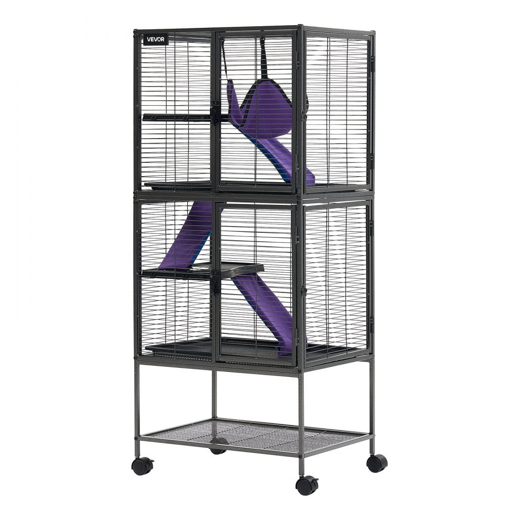 VEVOR Metal Small Animal Cage 54.3"H 4-Tier Rolling Ferret Cage On Wheels, 0.55" Wire Spacing Large Cages with Hammock, Ramps, Tray & Doors for Ferret, Chinchilla, Sugar Glider, Guinea Pig & Rabbit