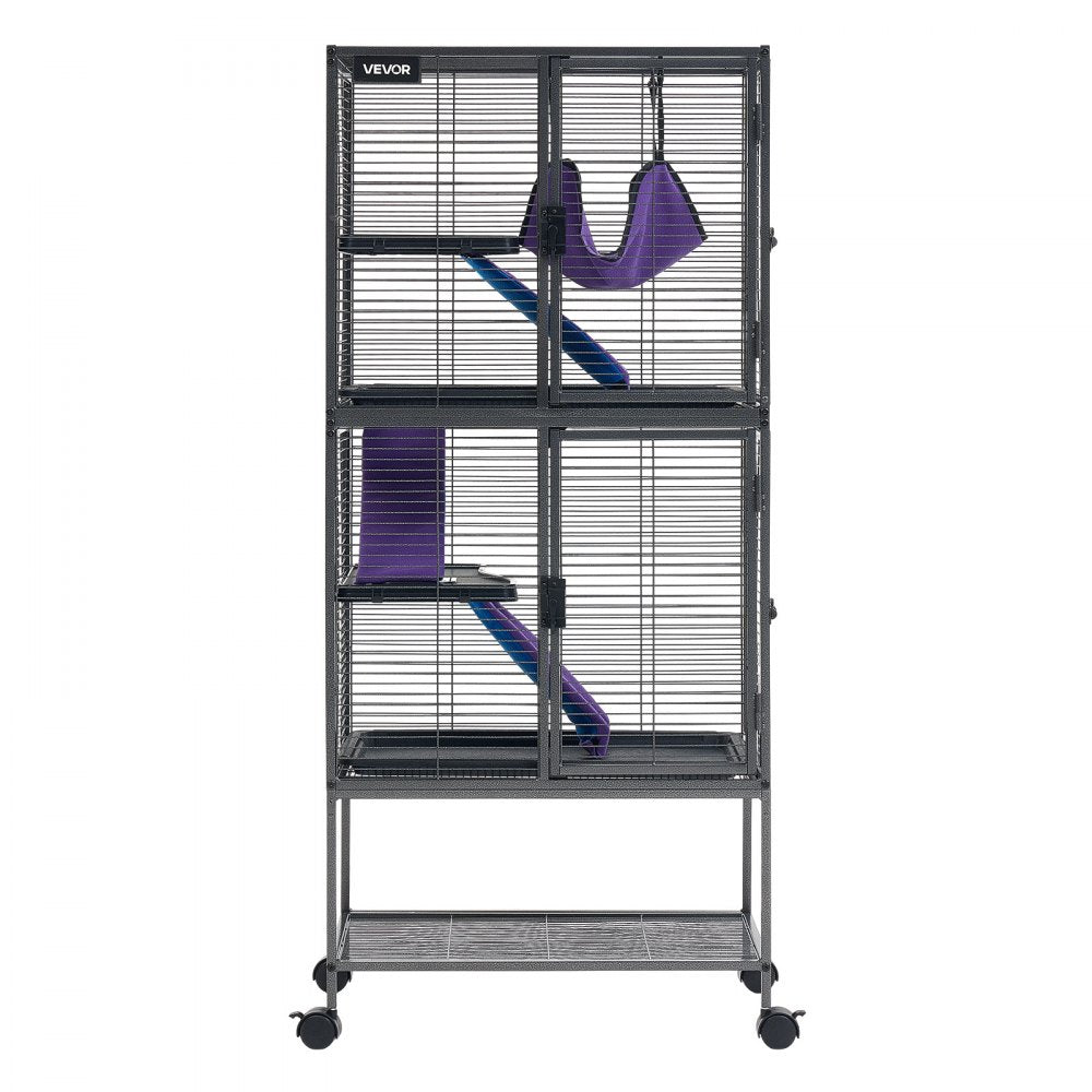 VEVOR Metal Small Animal Cage 54.3"H 4-Tier Rolling Ferret Cage On Wheels, 0.55" Wire Spacing Large Cages with Hammock, Ramps, Tray & Doors for Ferret, Chinchilla, Sugar Glider, Guinea Pig & Rabbit