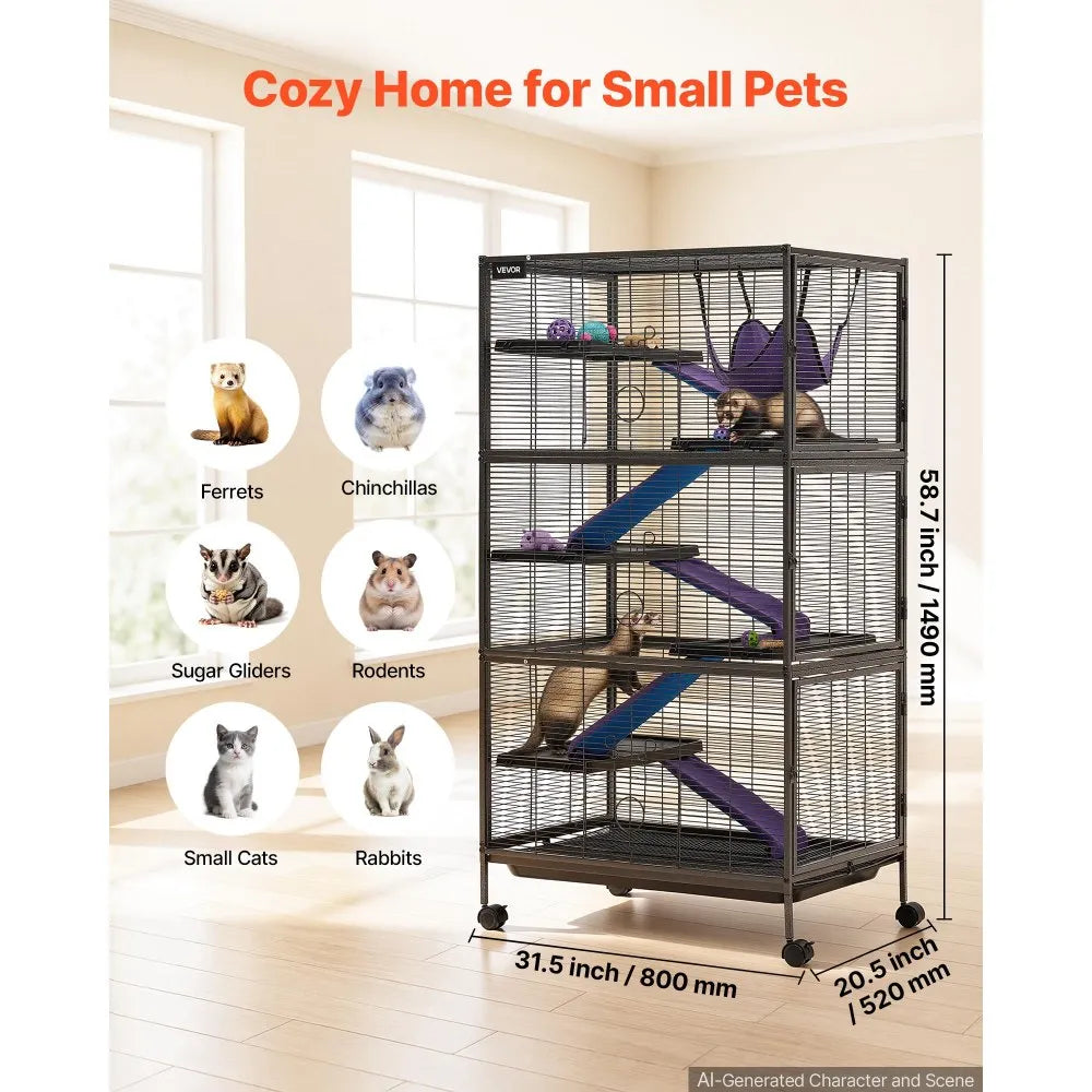 VEVOR Metal Small Animal Cage 58.7"H 6-Tier Rolling Ferret Cage On Wheels, 0.55" Wire Spacing Large Cages with Hammock, Ramps, Tray & Doors for Ferret, Chinchilla, Sugar Glider, Guinea Pig & Rabbit