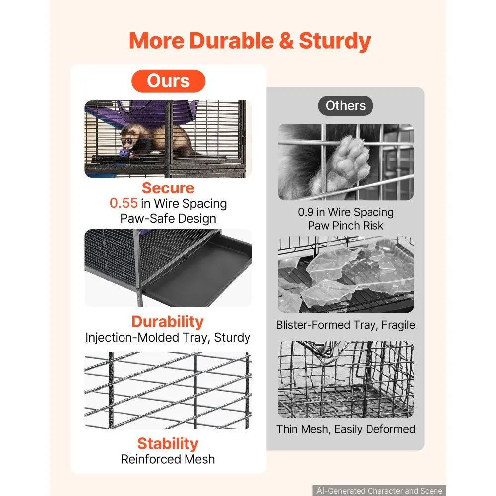 VEVOR Metal Small Animal Cage 58.7"H 6-Tier Rolling Ferret Cage On Wheels, 0.55" Wire Spacing Large Cages with Hammock, Ramps, Tray & Doors for Ferret, Chinchilla, Sugar Glider, Guinea Pig & Rabbit